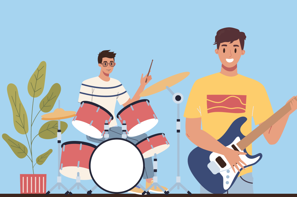 Two boys playing the drums and the guitar to show the interests on a resume