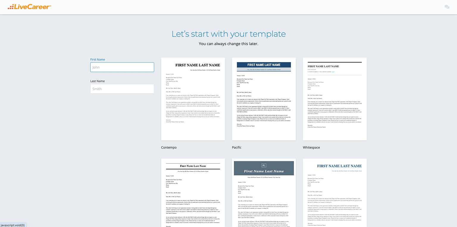 Screenshot showing the LiveCareer cover letter builder template selection page