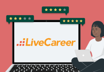 A graphic showing a woman with black hair wearing a white t-shirt sitting next to a computer screen with the LiveCareer logo on it