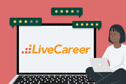 A graphic showing a woman with black hair wearing a white t-shirt sitting next to a computer screen with the LiveCareer logo on it