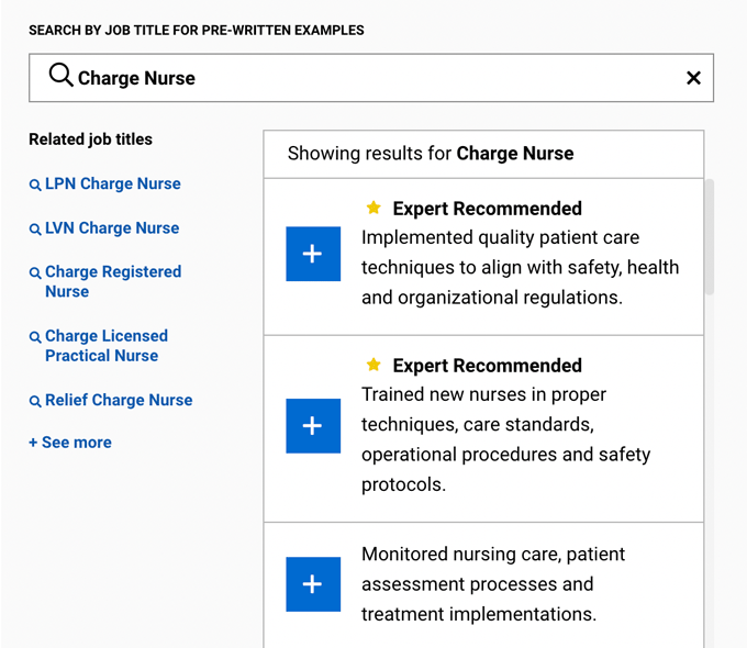 A screenshot of Livecareer's builder's recommended entries for a charge nurse candidate