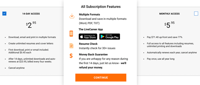 A screenshot showing Livecareer's 14-day and monthly subcription option features