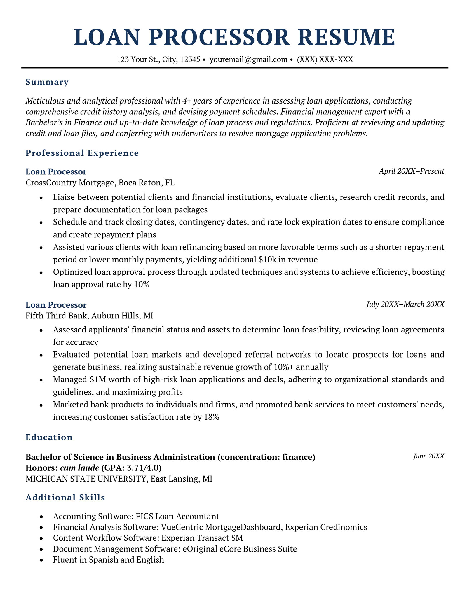 Loan processor resume example with dark blue font