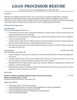 Loan processor resume example with dark blue font