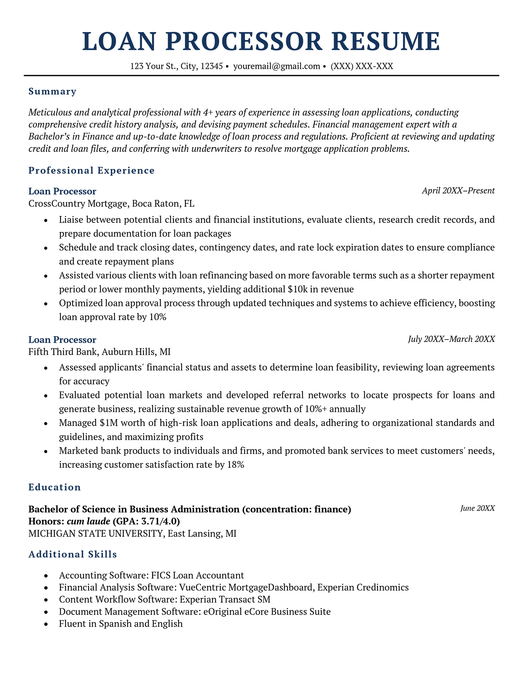 Loan processor resume example with dark blue font