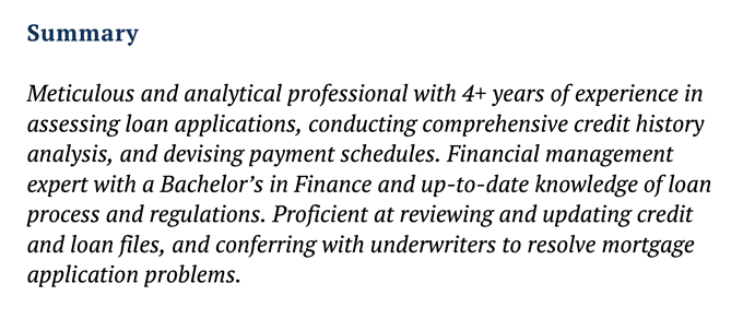 Example of a resume summary for a loan processor resume