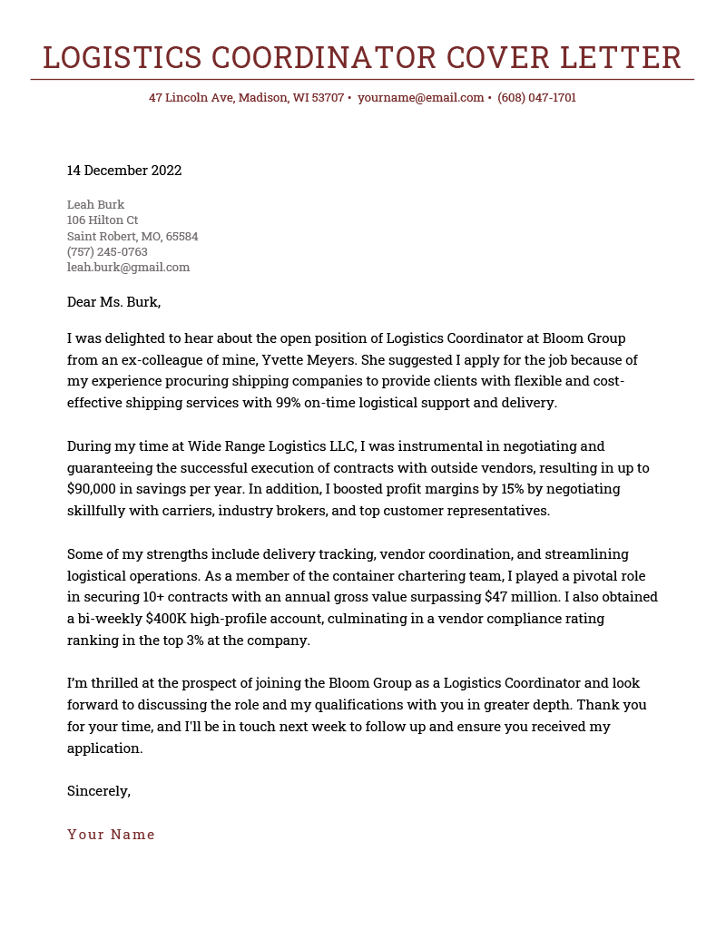 A logistics coordinator cover letter example on a brick red template and with a large horizontal header