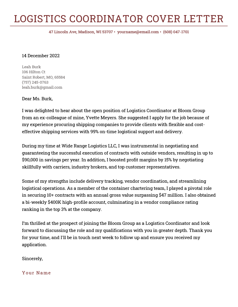 free cover letter template for logistics manager