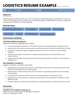 A logistics resume example in a blue color scheme with skill "buttons" to make sure the applicant's skills stand out.