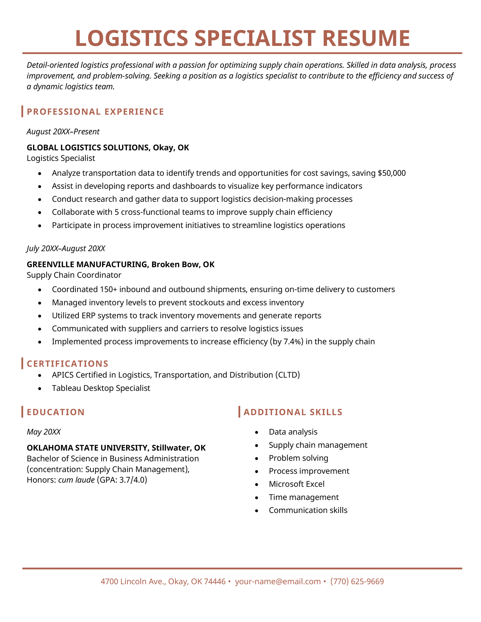 A logistics specialist resume example with a alternating one- and two-column design.