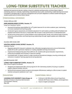 An example of a long-term substitute teacher resume.