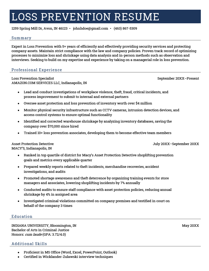A loss prevention resume sample with a blue header and sections for the applicant’s summary, work experience, education, and skills.