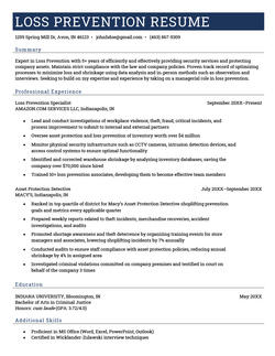 A loss prevention resume sample with a blue header and sections for the applicant’s summary, work experience, education, and skills.