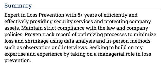 A loss prevention resume summary example with a blue header and four sentences describing the applicant's qualifications.