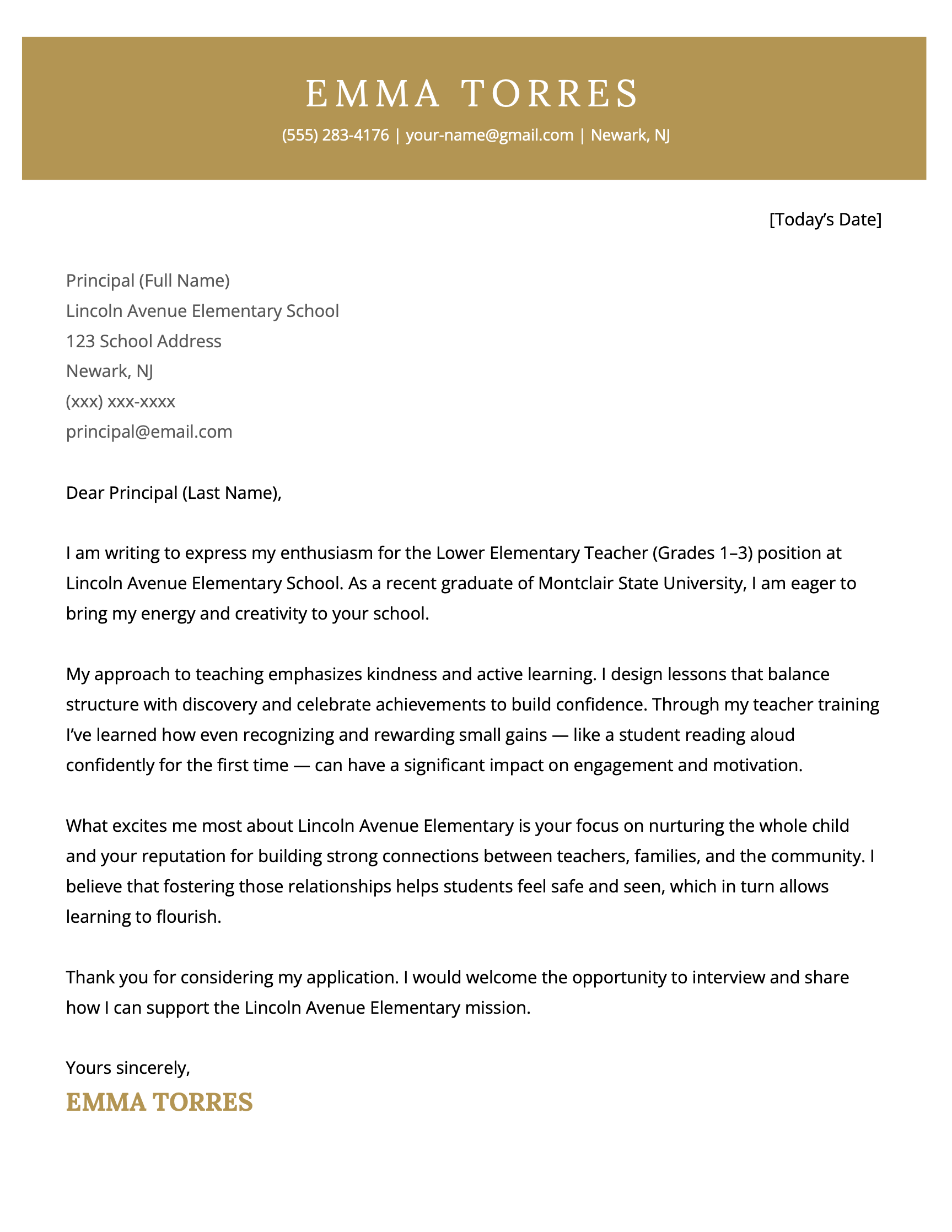 An elementary teacher cover letter for a lower elementary teacher job.