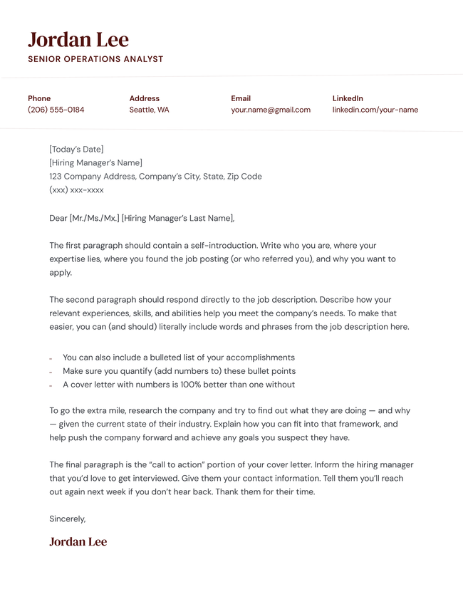 Lowkey cover letter template in burgundy