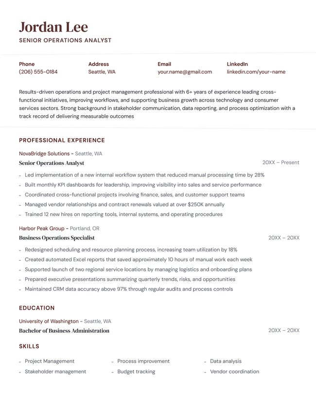Lowkey resume template in burgundy (no photo)