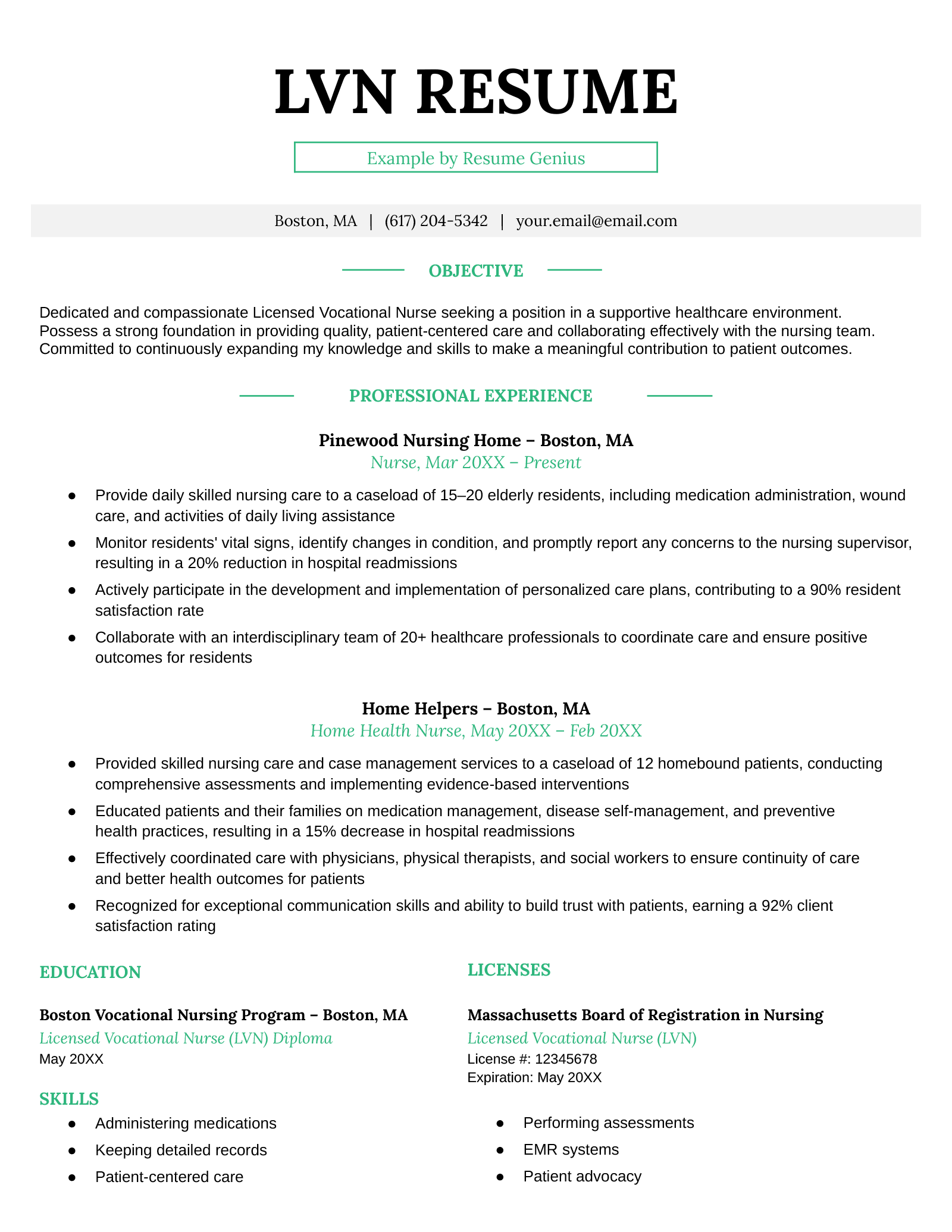 An example resume for an LVN.