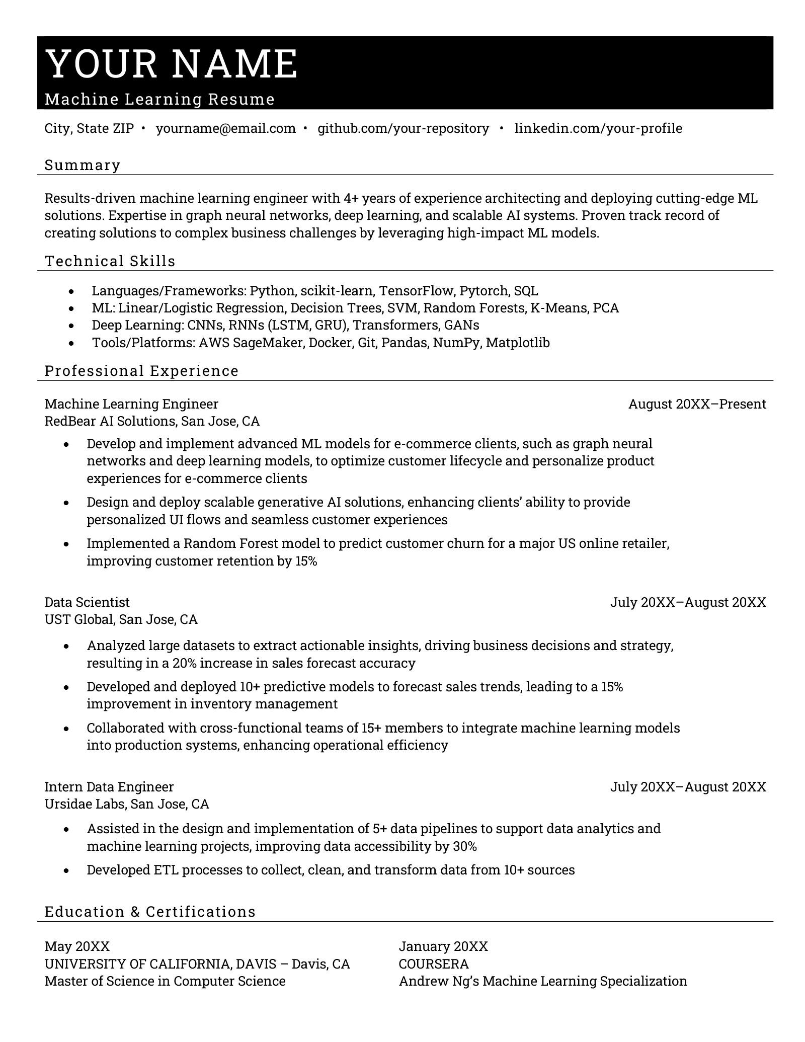 An example of a resume for a job in the machine learning industry.