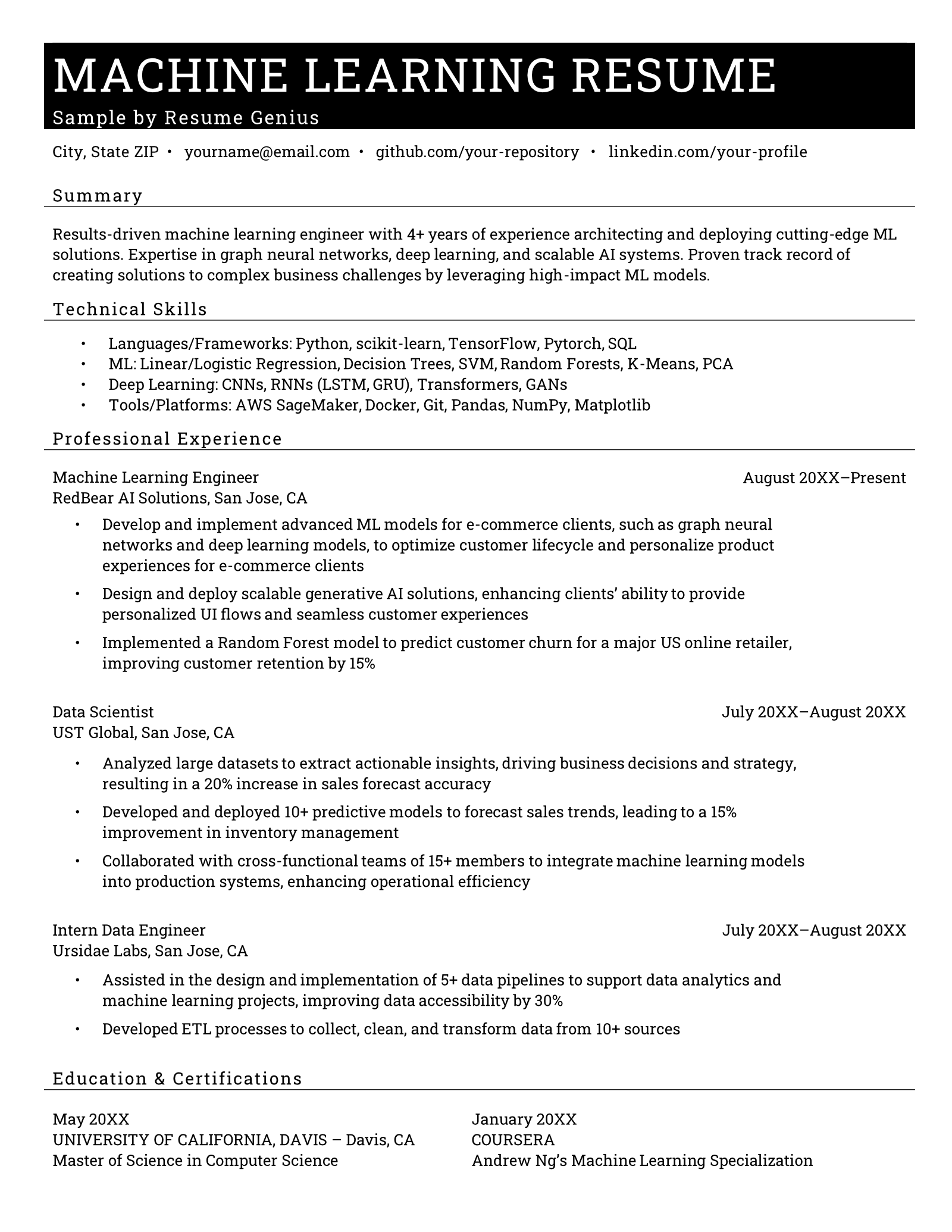 An example of a Machine Learning resume with technical skills like languages, frameworks, deep learning, and certifications.