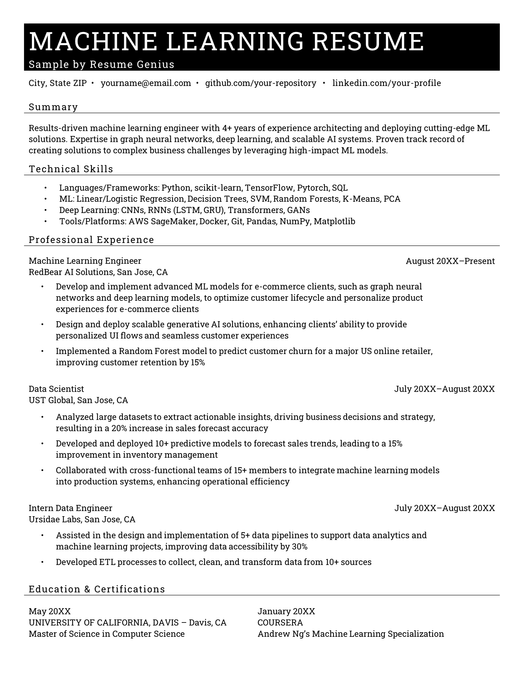 An example of a Machine Learning resume with technical skills like languages, frameworks, deep learning, and certifications.