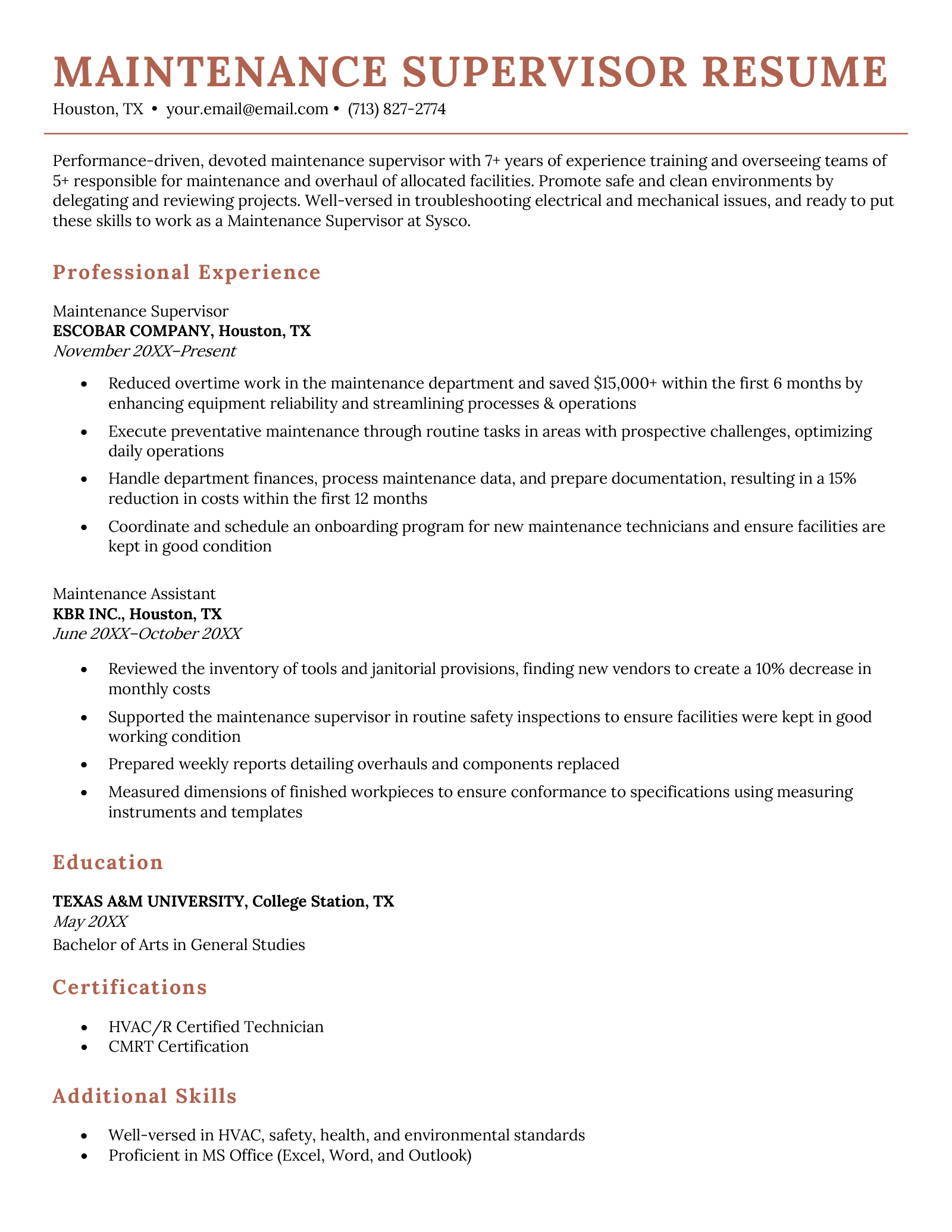 Maintenance Supervisor Job Description For Resume