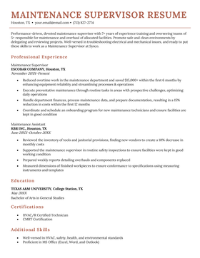 Maintenance supervisor resume sample with coral font