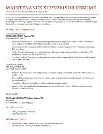 Maintenance Supervisor Resume Sample & Writing Tips