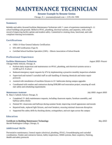 A maintenance technician resume sample.