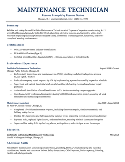 A maintenance technician resume sample.