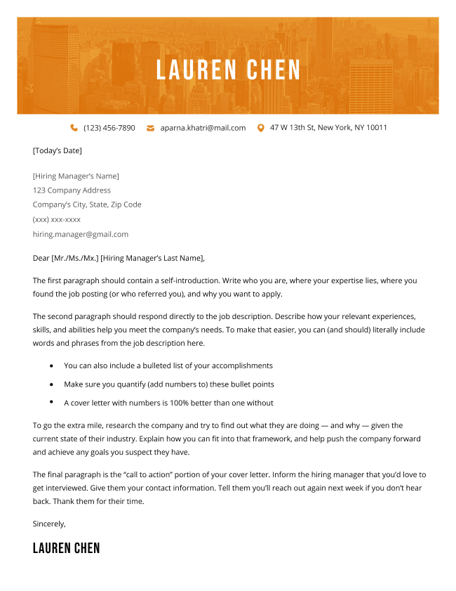 The Majestic cover letter template in orange, featuring a bold header with an image of a city skyline in the background.