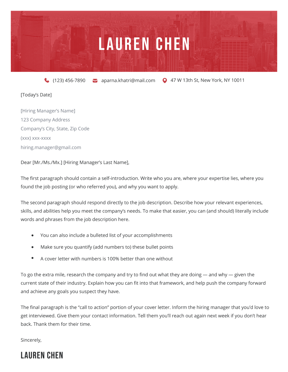 Majestic cover letter template in red, featuring an image of a cityscape in the background of the header.