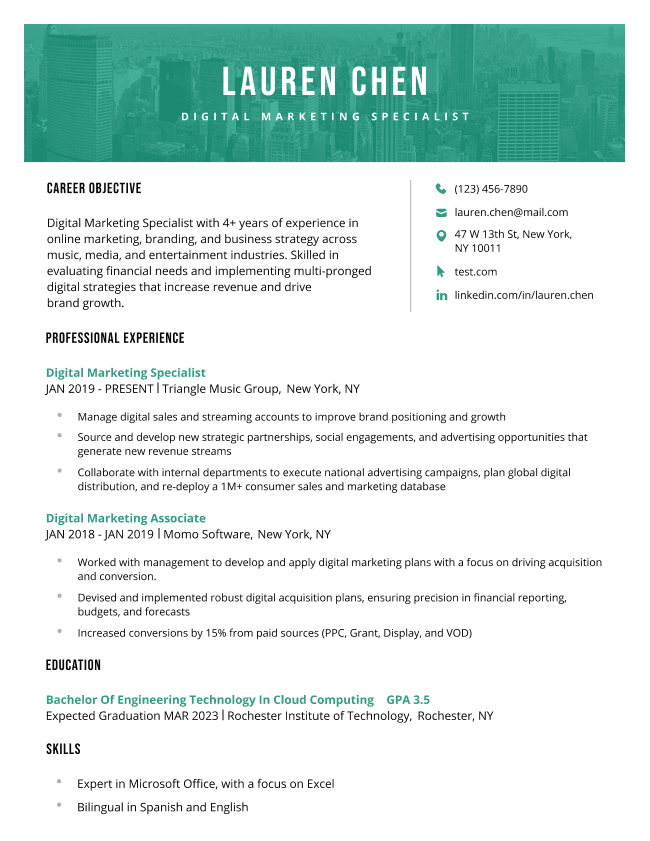 The Majestic resume template in green, featuring a bold header with an image of a city skyline in the background.