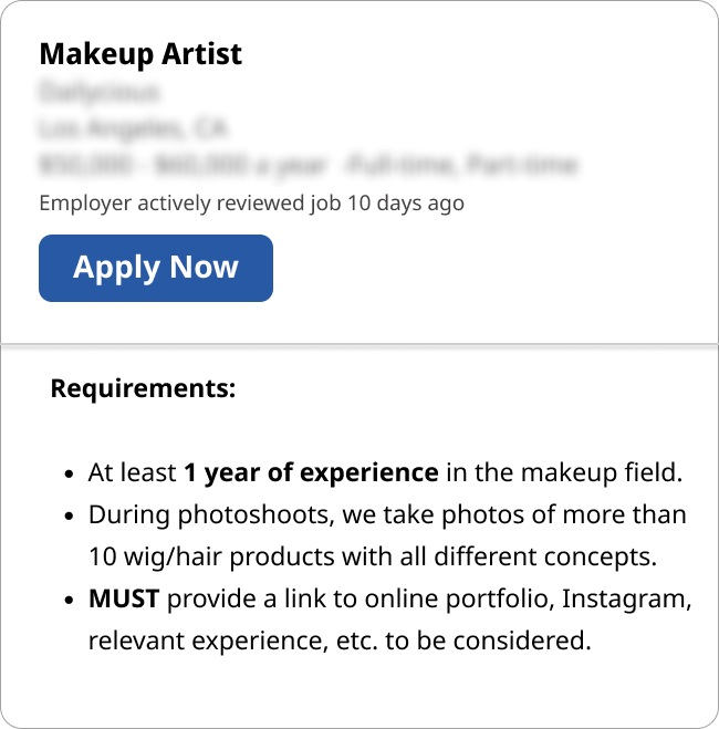 makeup artist job requirements example