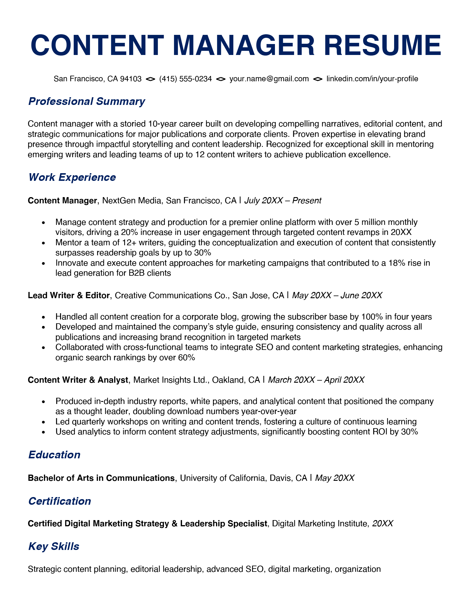 A content manager resume example with blue header text