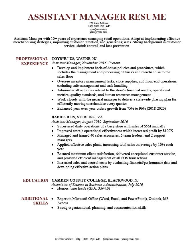 An example of an assistant manager resume with a simple design and red headings
