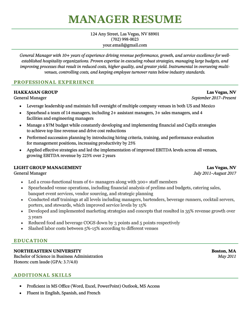 Example of a manager-level resume, written by a GM with 10+ years of work experience. The resume has a green color scheme and simple, formal design.