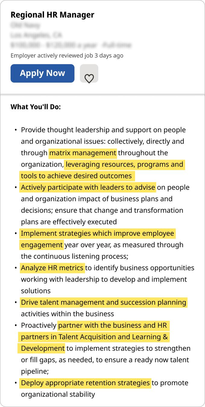 An HR manager resume example job description with keywords highlighted in yellow