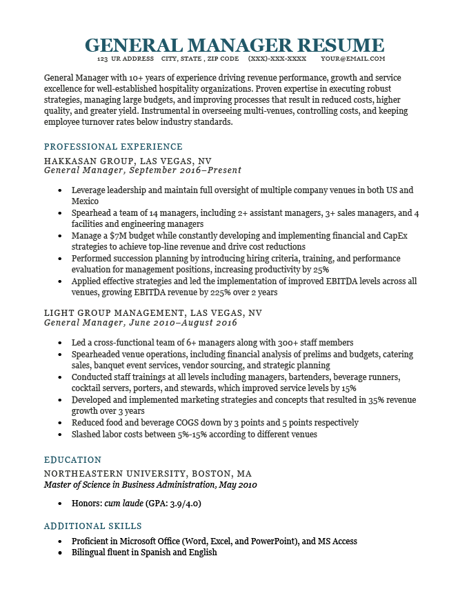 A store manager resume example with a simple design and blue header