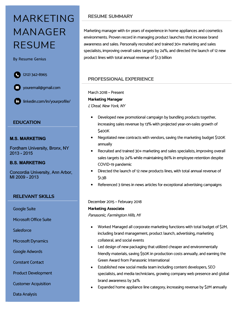 An example of a marketing manager resume with a modern sidebar design