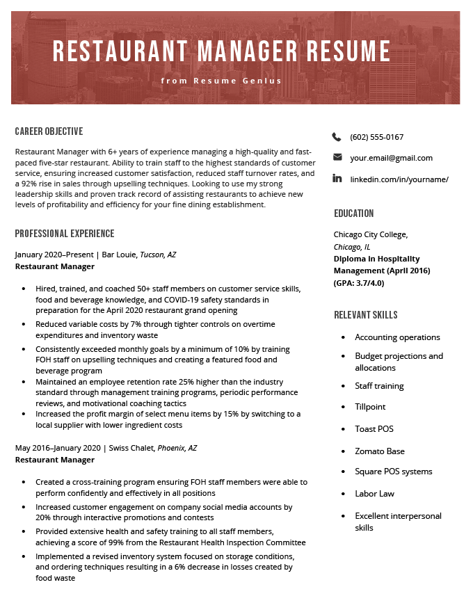 A restaurant manager resume sample with a unique design and a bright red header