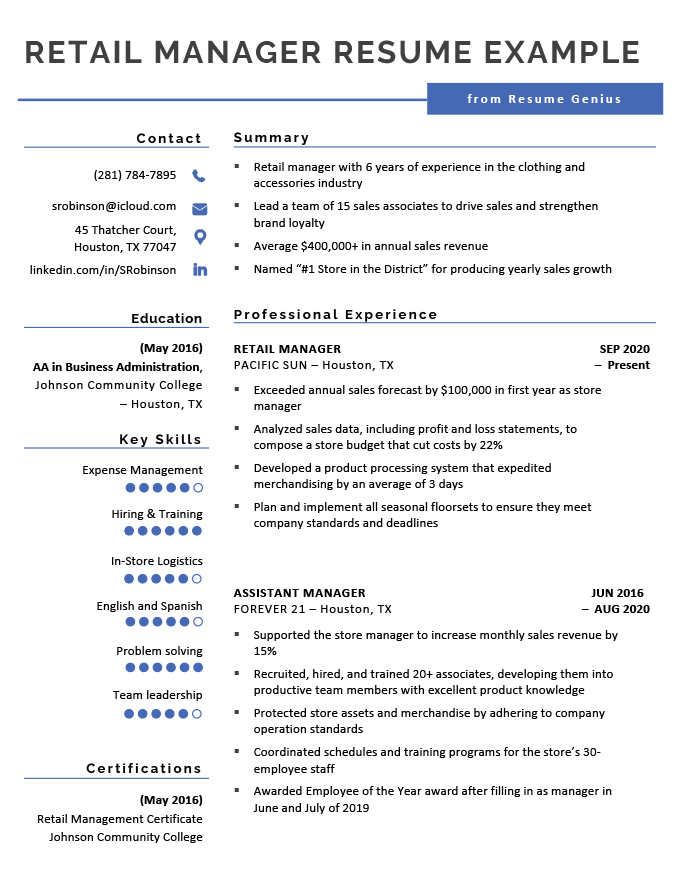 A retail manager resume example with a blue header and skill bars