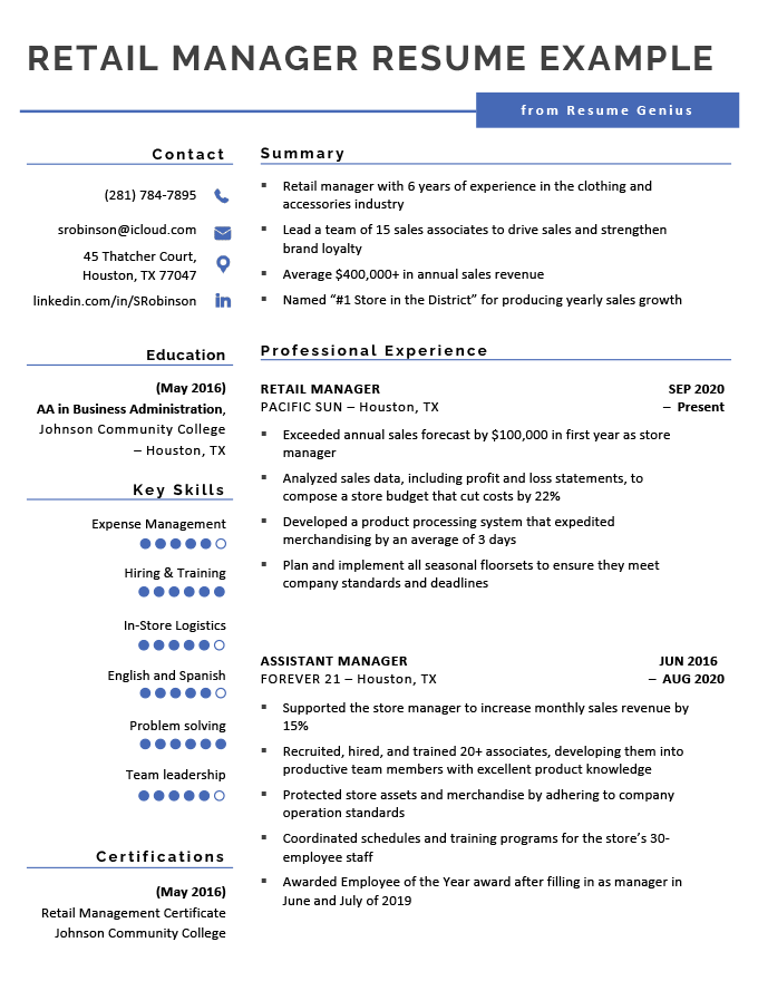 examples of manager resume