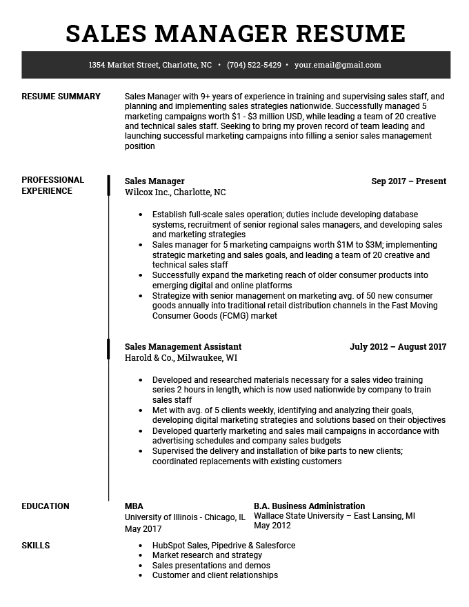 An example of a sales manager resume in a formal black and white design