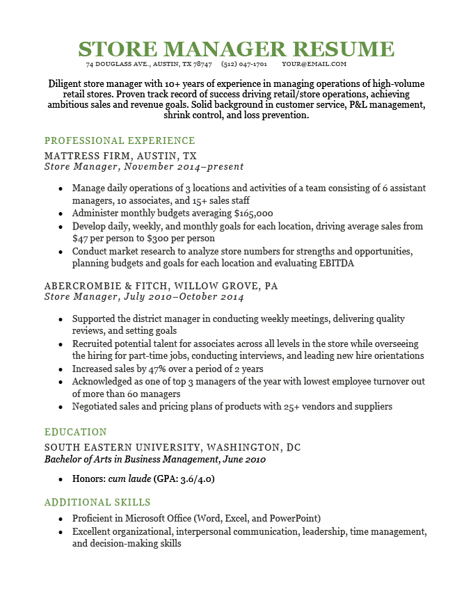 An example of a store manager resume with a green header and minimalist design