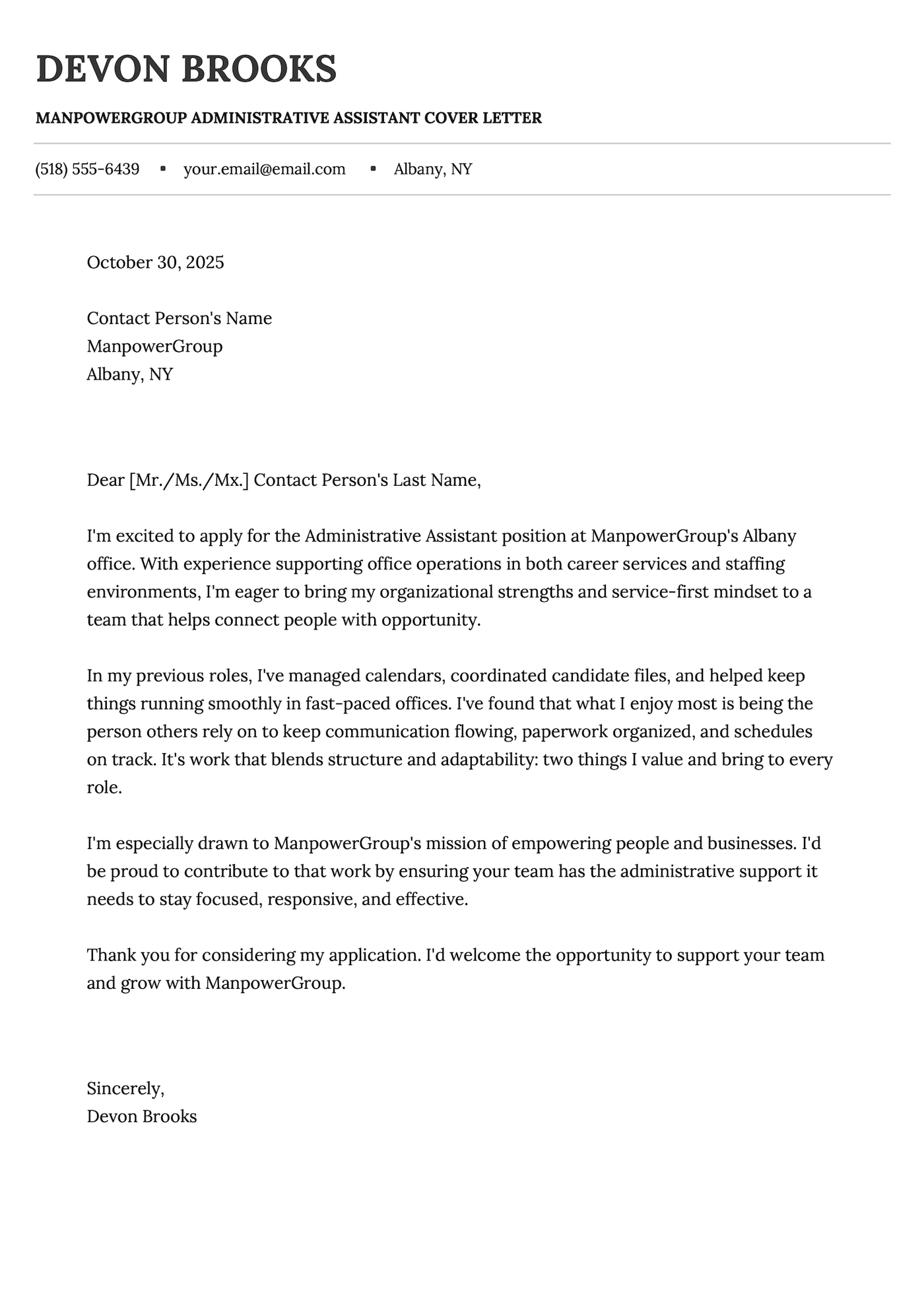 A cover letter example for a ManpowerGroup administrative assistant.