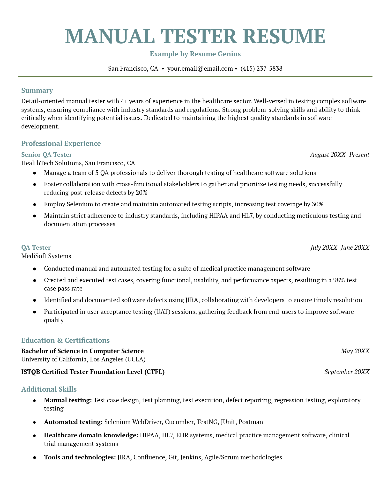 An example resume for a manual tester.