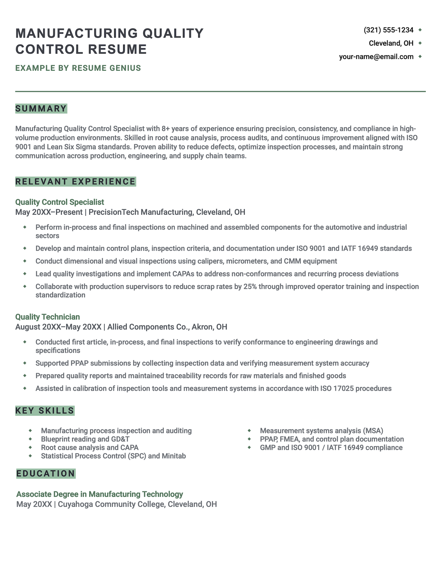 A manufacturing quality control resume example.