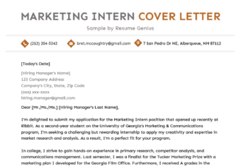 An orange marketing intern cover letter with a clean, orange and grey header and several paragraphs explaining the applicant's qualifications and reasons for applying for the internship.