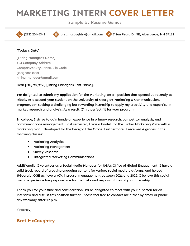 An orange marketing intern cover letter with a clean, orange and grey header and several paragraphs explaining the applicant's qualifications and reasons for applying for the internship.